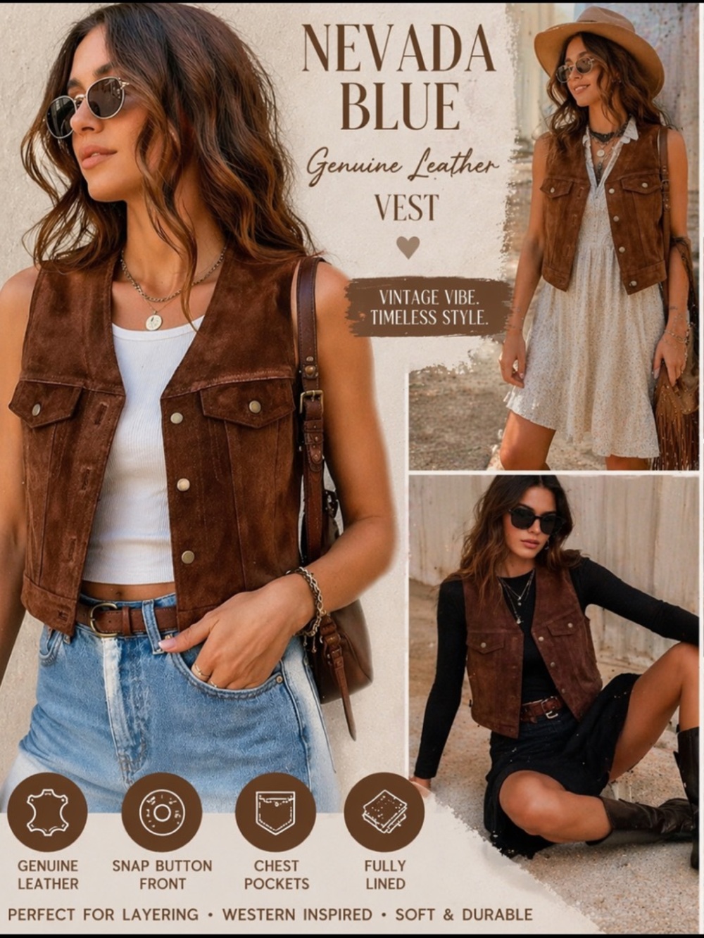 Nevada Blue Leather Vest Brown Suede Western Nashville Boho Moto Small